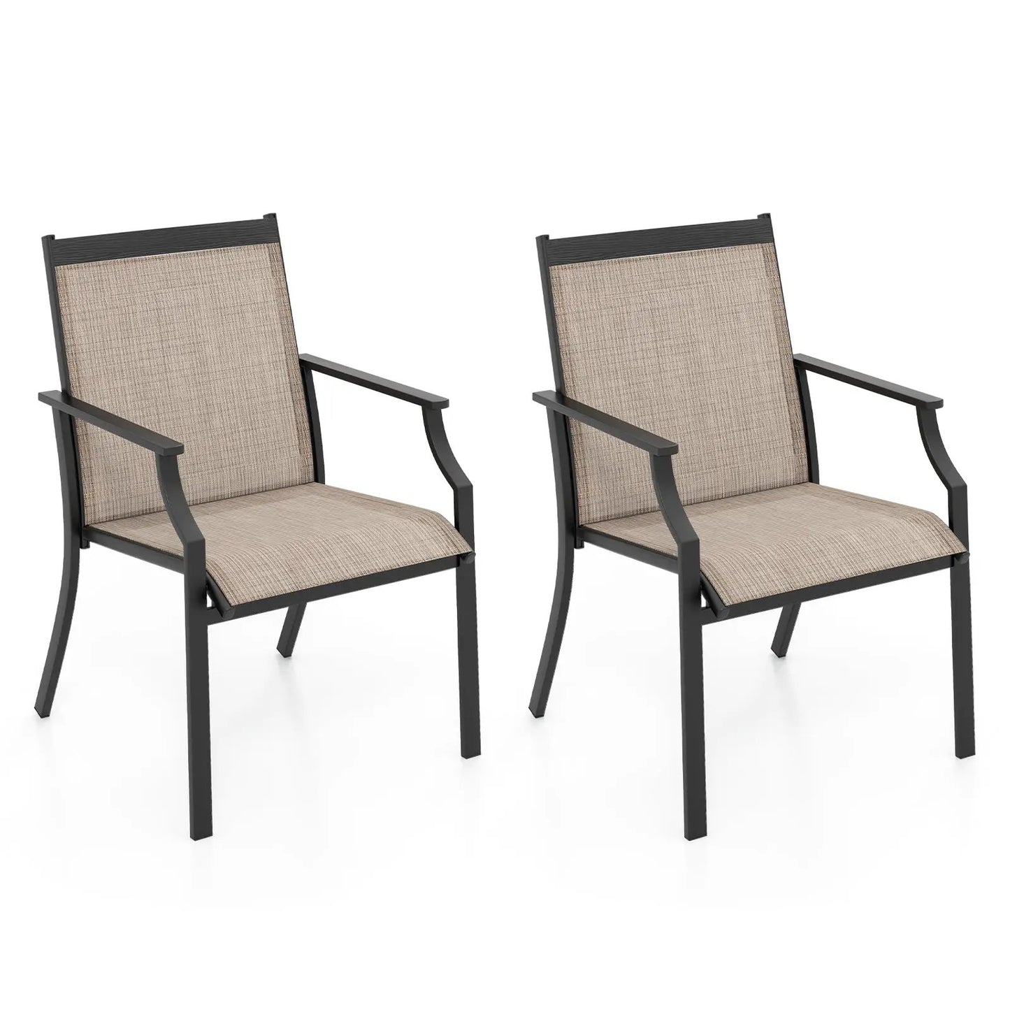 Two Piece Patio Chairs with Breathable Seats beige woven fabric, dark metal frame pair on Tampa Home & Garden Store