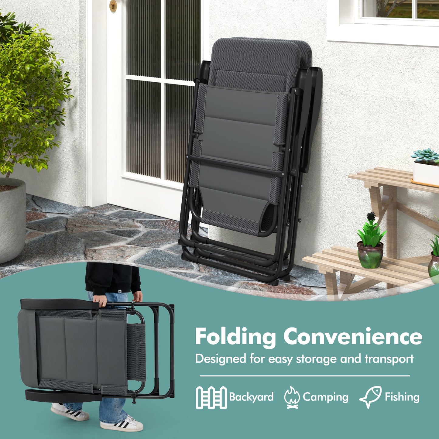 2 sillas de patio plegables para exteriores con respaldo ajustable para bistró y jardín-Gris