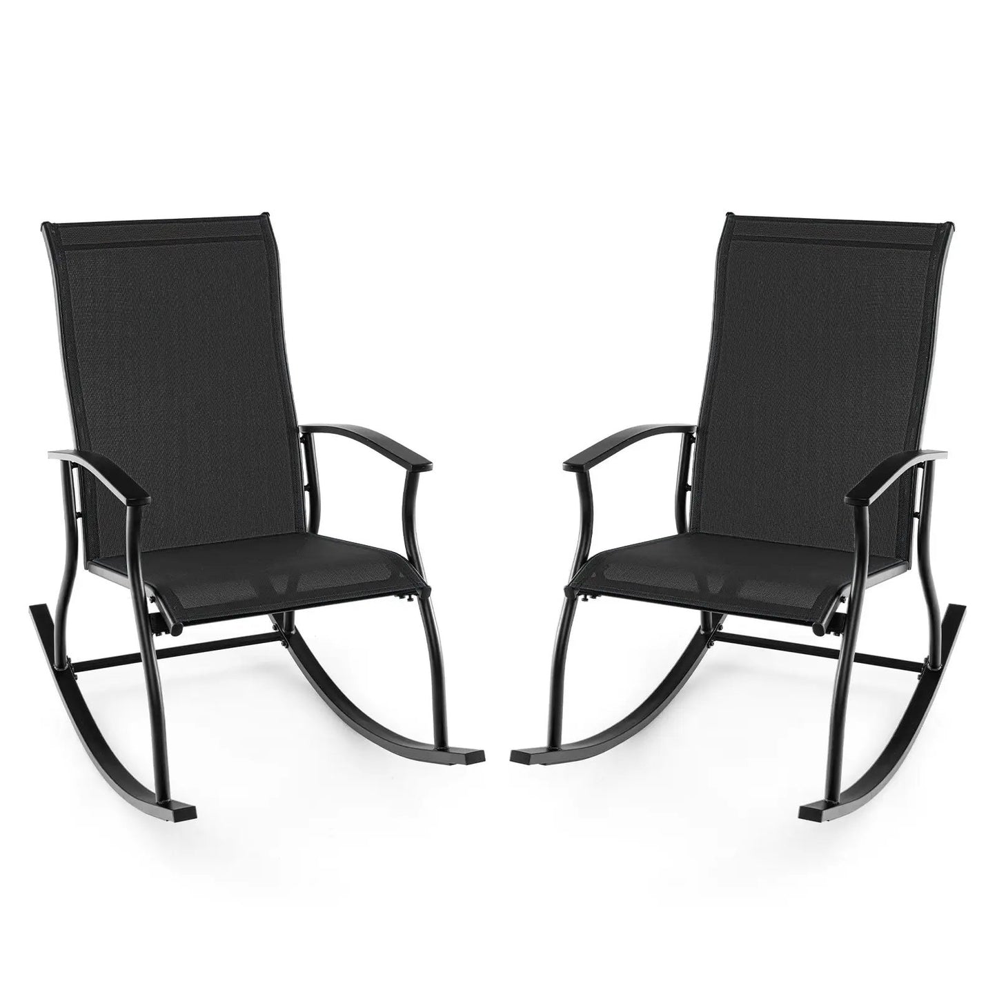 Two black outdoor rocking chairs with breathable mesh backrests and curved metal rockers on Tampa Home & Garden Store