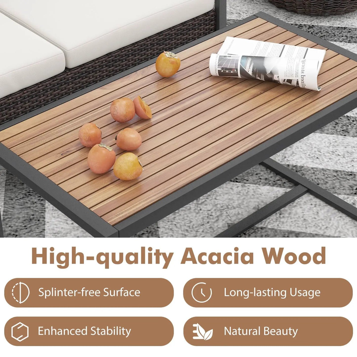 2 Pieces Patio PE Wicker Furniture Set with Acacia Wood Coffee Table-White - Tampa Home & Garden Store