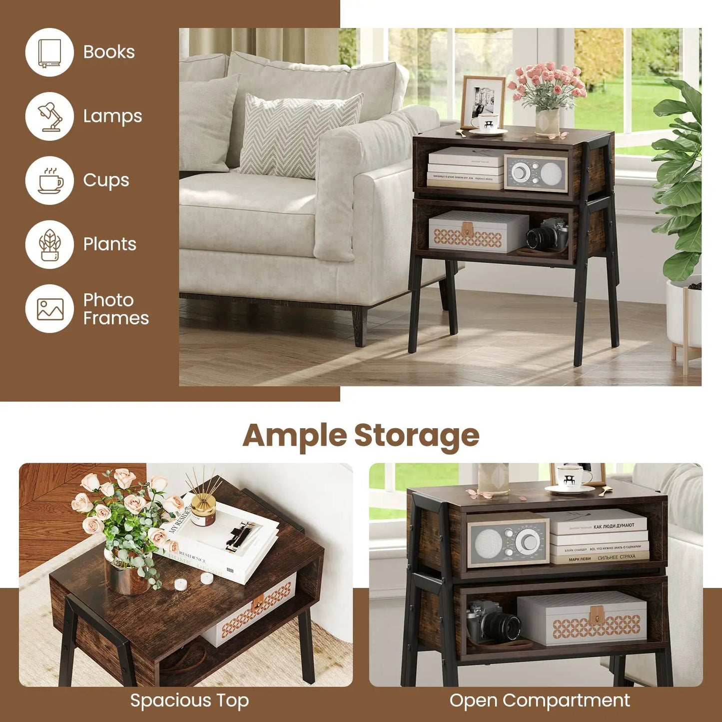 Two-piece stackable bedside nightstand set DirectDeals in dark wood with open shelves and top decor on Tampa Home & Garden Store