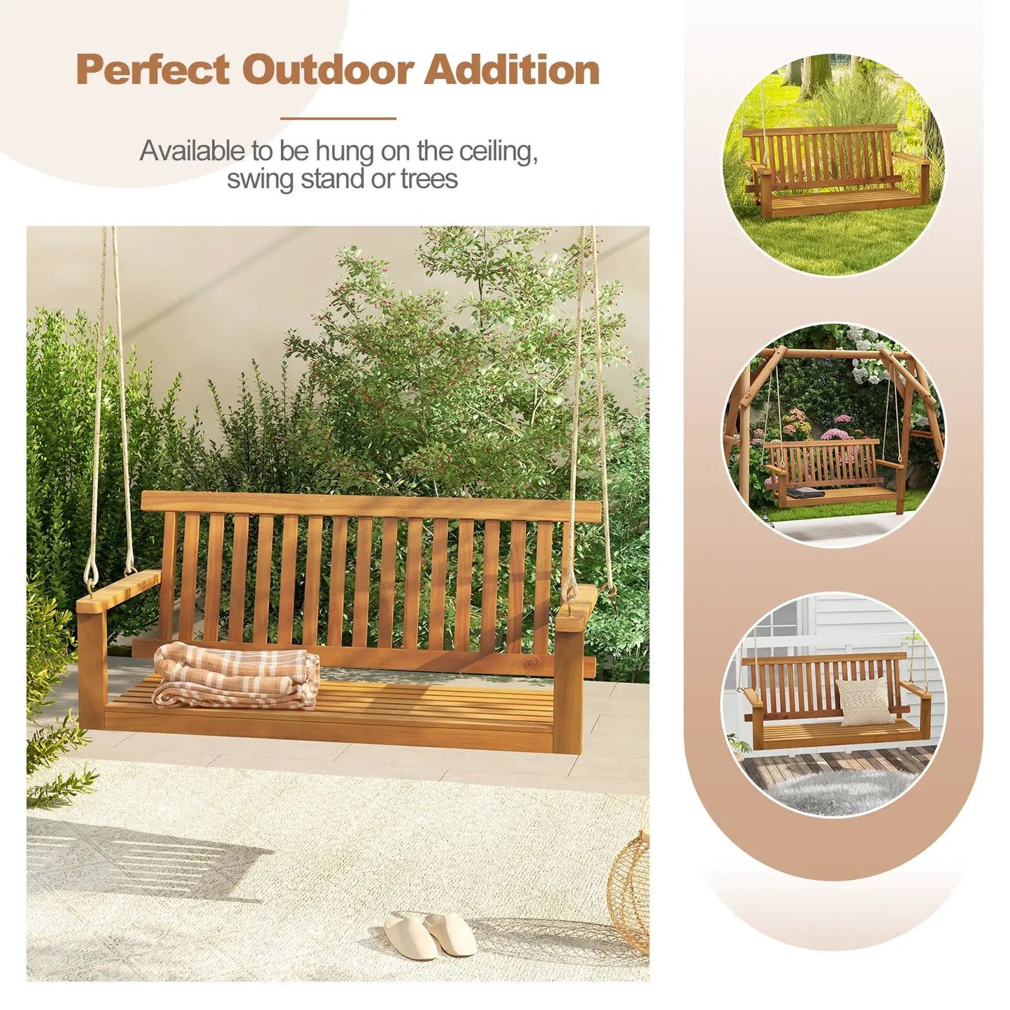 Two-seat acacia wood porch swing with hemp ropes in natural finish on a sunlit patio on Tampa Home & Garden Store