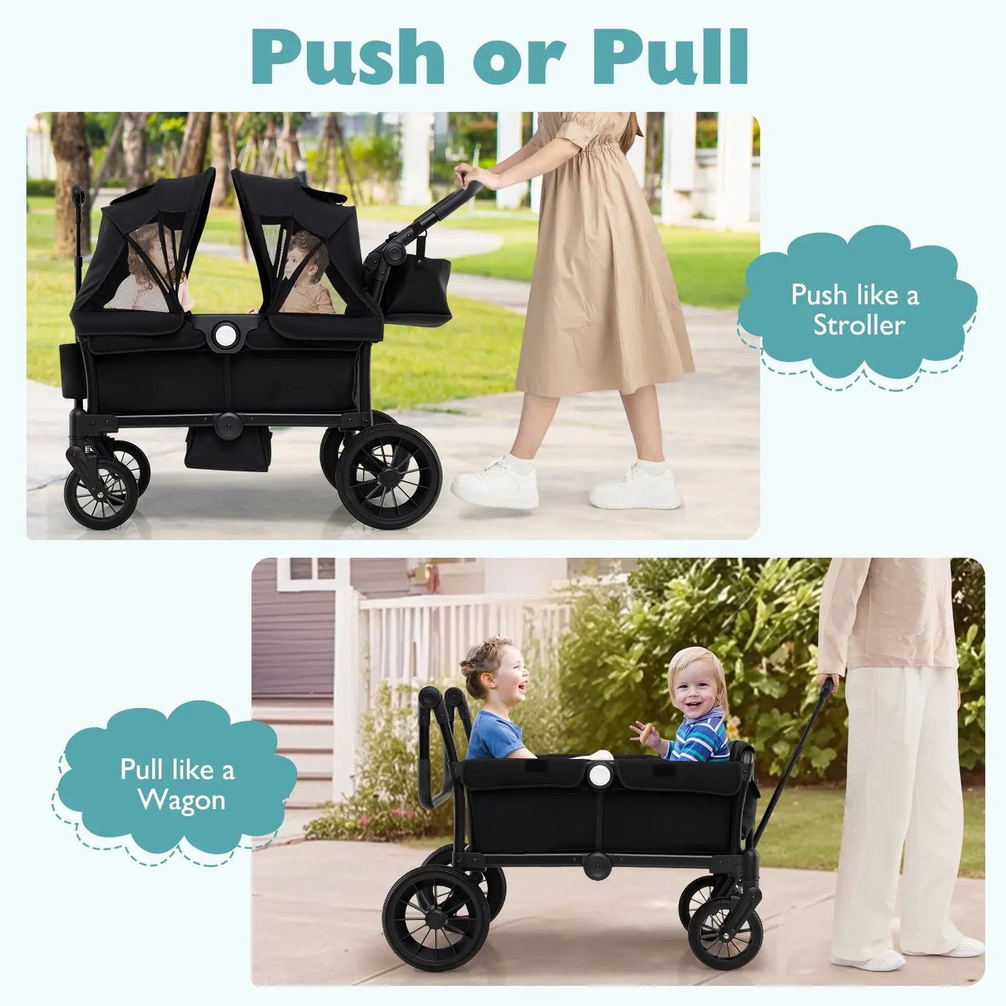 2-Seater Push Pull Collapsible Wagon Stroller by DirectDeals, black fabric, dual seats on Tampa Home & Garden Store