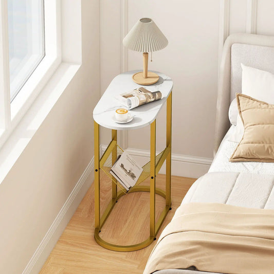 2 Tier Oval Narrow Bedside End Table with white marble top and gold metal frame on Tampa Home & Garden Store