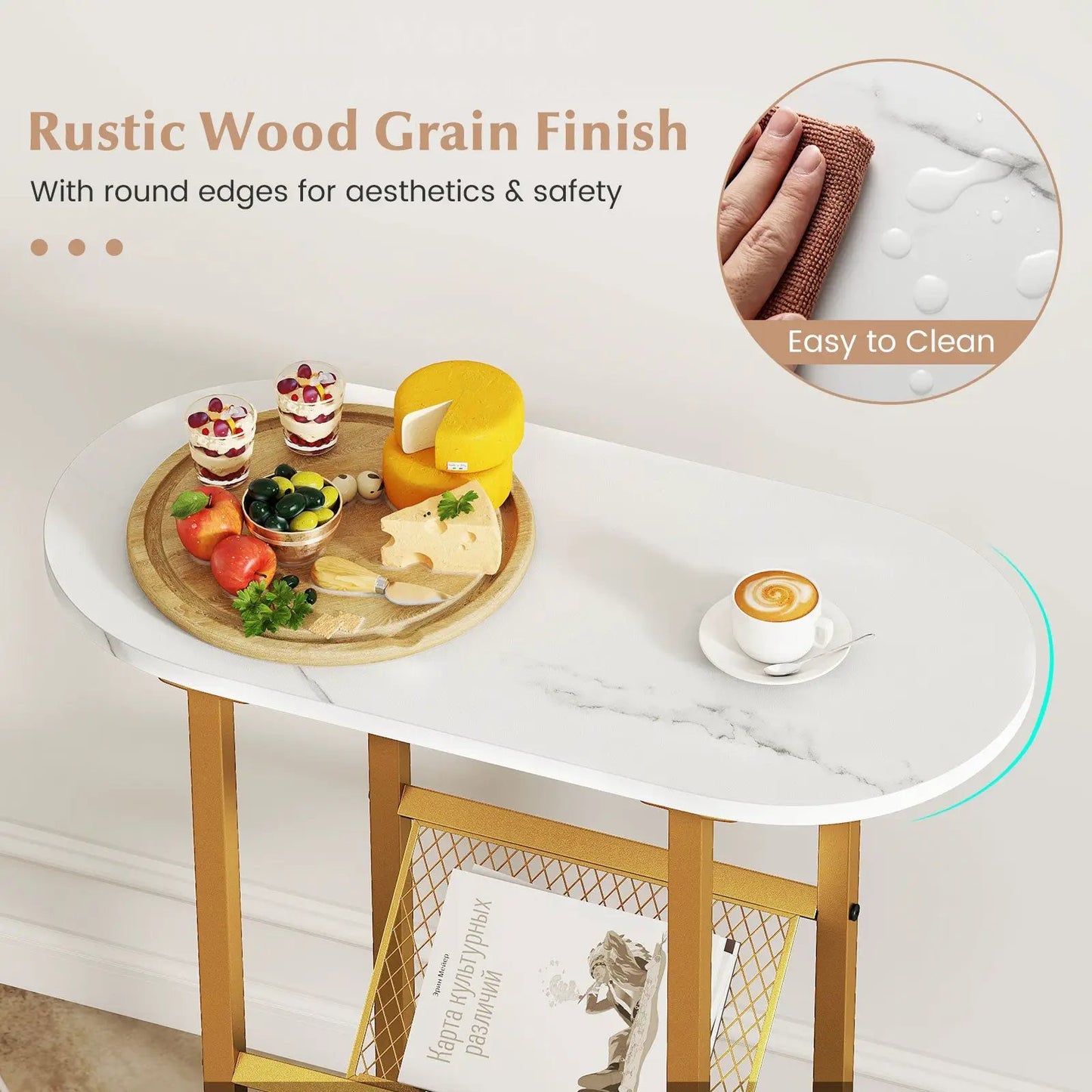 2 Tier Oval Narrow Bedside End Table with white marble top & gold metal frame DirectDeals on Tampa Home & Garden Store
