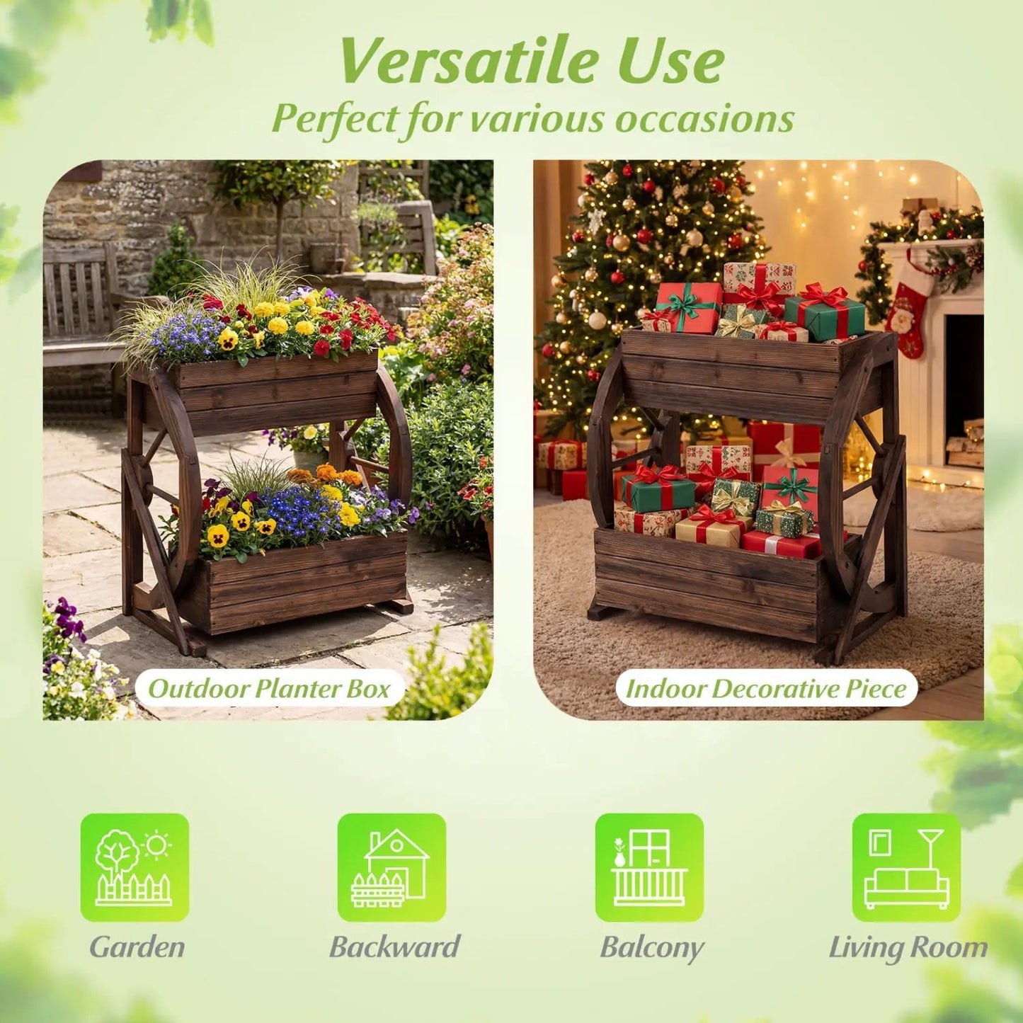 2-Tier Rustic Wood Raised Garden Bed planter; outdoor wheeled dual-view on Tampa Home & Garden Store