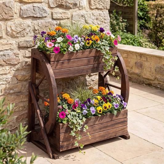 2-tier Raised Garden Bed Rustic Wood Wagon Planter with Drainage Holes and Semi-wheels-Coffee - Tampa Home & Garden Store