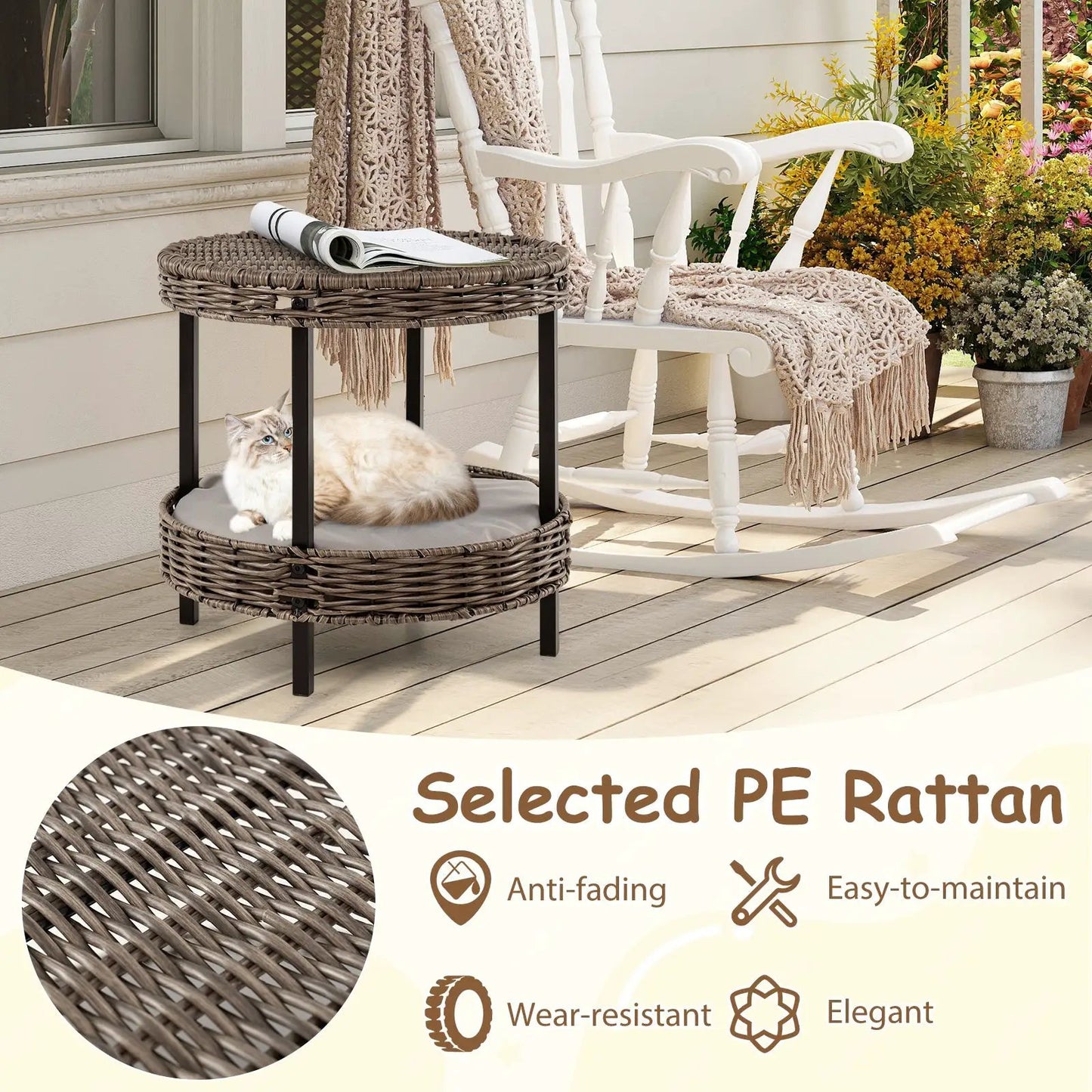 2-Tier rattan cat nest with removable gray cushion brown PE rattan and black legs on porch on Tampa Home & Garden Store