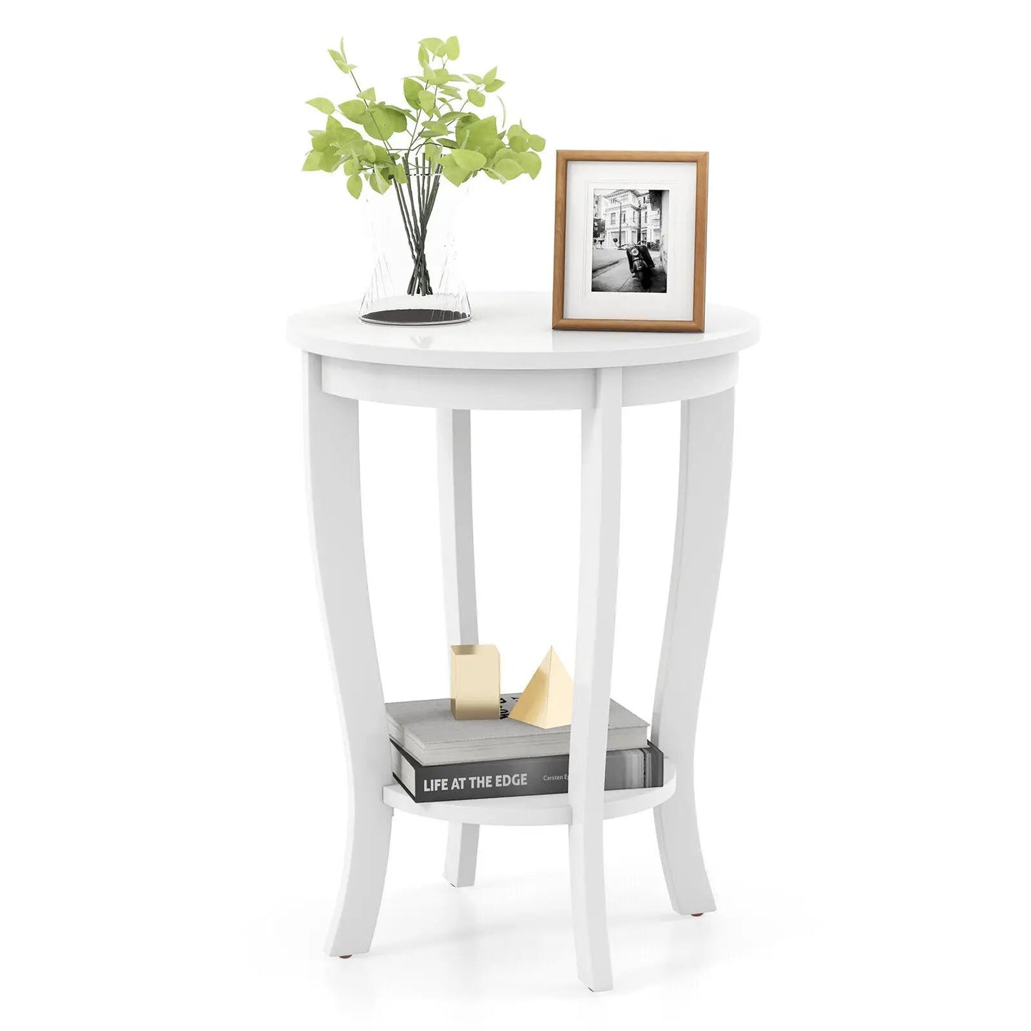Two Tier Round End Table with Solid Wood Legs white; top greenery vase and framed photo, lower shelf with books DirectDeals on Tampa Home & Garden Store