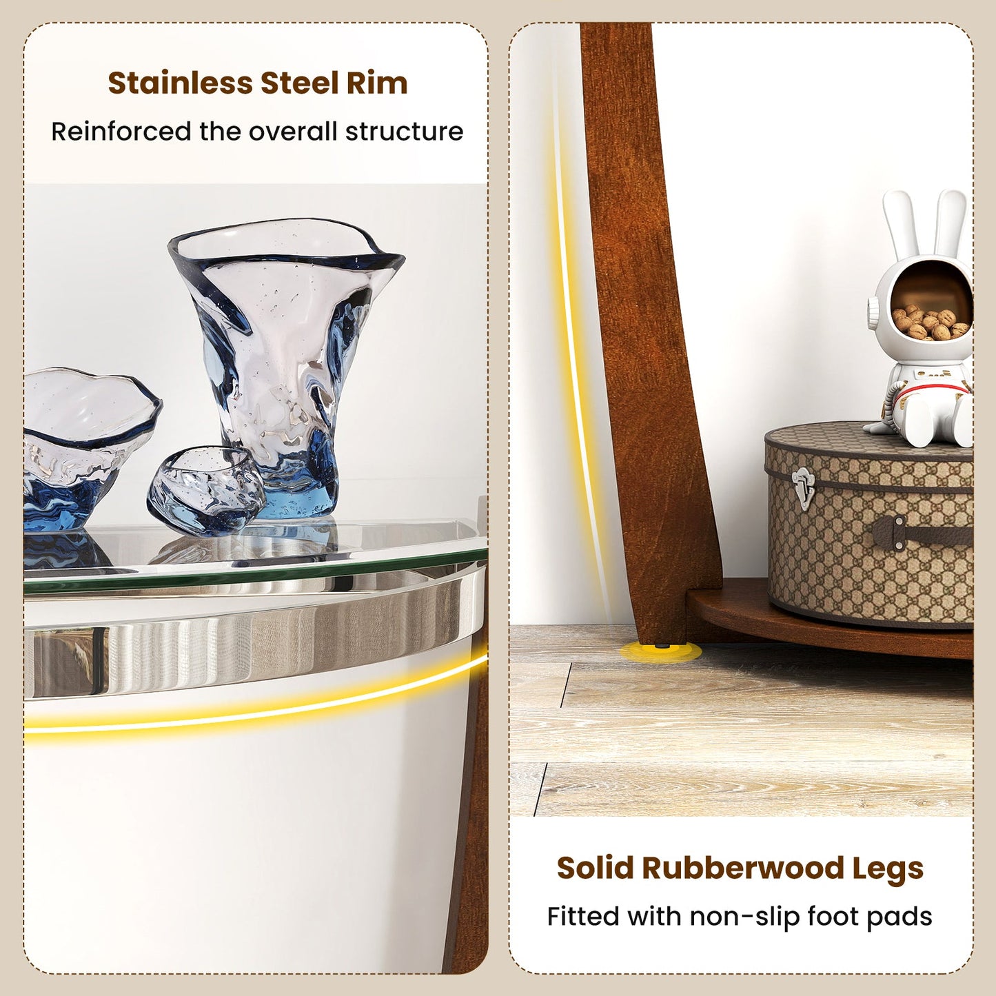 2-Tier tempered glass console table with open shelf and clear glass top, stainless rim on Tampa Home & Garden Store