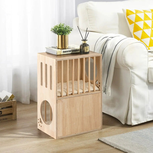2-tier wooden cat condo with removable cushions, natural wood finish, slatted sides on Tampa Home & Garden Store