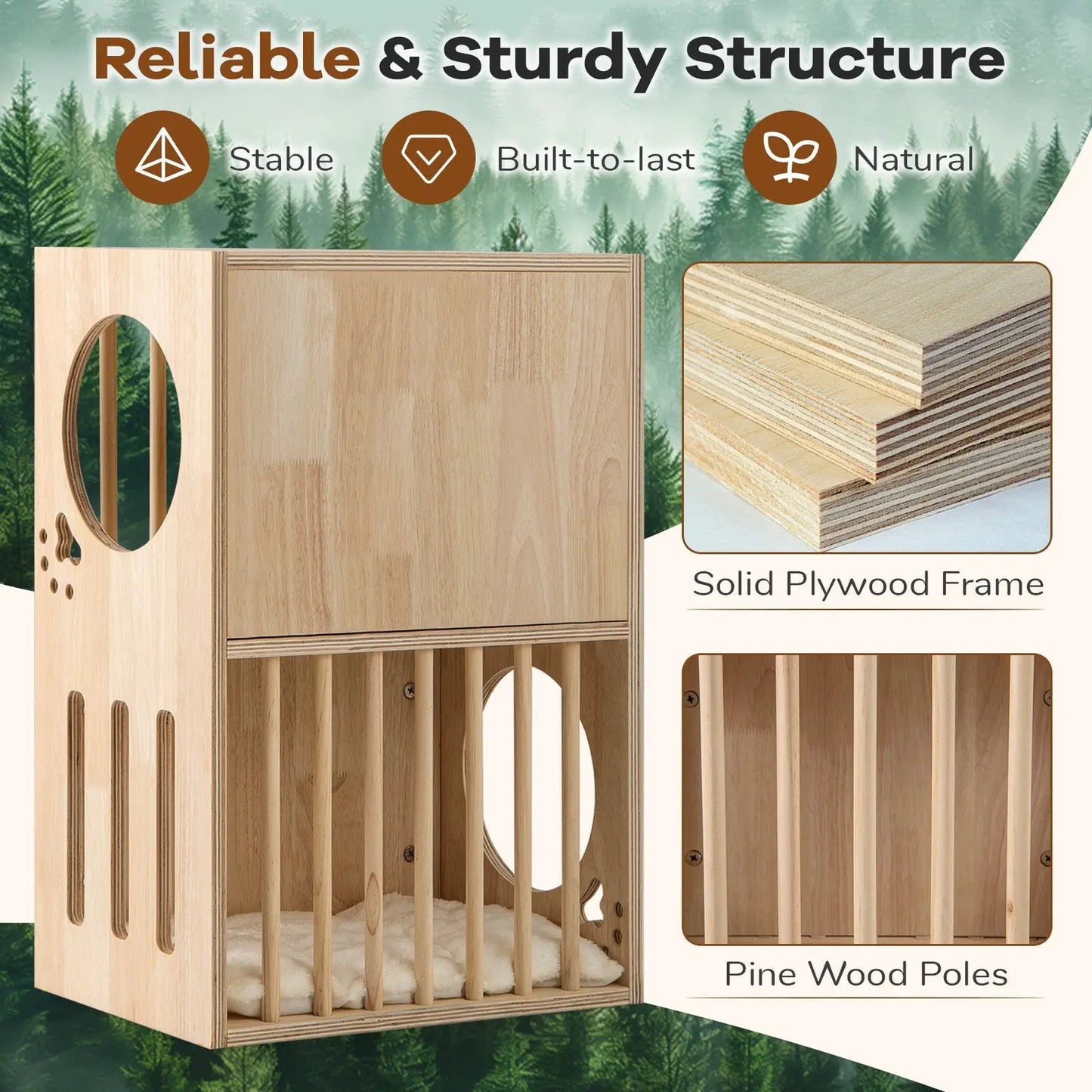 2 Tier Wooden Cat Condo indoor with removable cushions; natural pine frame, circular entry on Tampa Home & Garden Store
