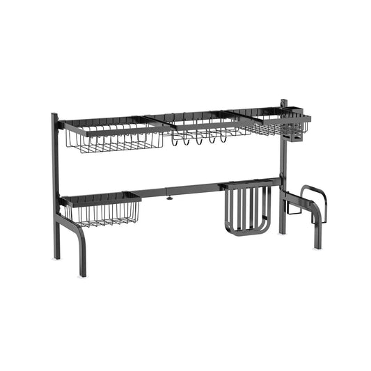 DirectDeals 2 Tier Over Sink Dish Drying Rack with 8 Hooks, black metal dual-tier with baskets on Tampa Home & Garden Store