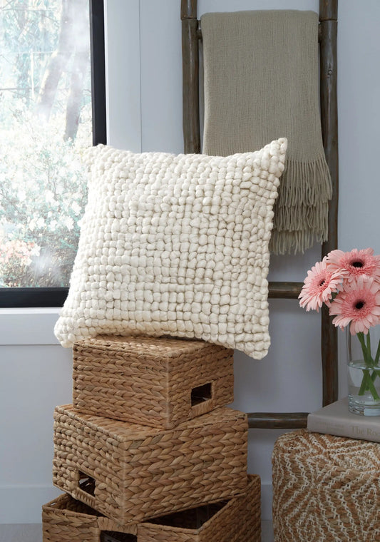 Aavie pillow cream chunky knit throw pillow with beige blanket on wooden ladder on Tampa Home & Garden Store