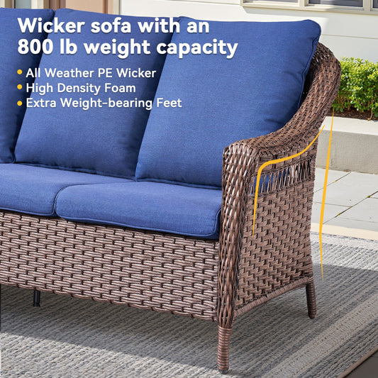 67.3-inch Outdoor Wicker Patio Sofa by HouseOfZazla with blue cushions and woven brown wicker on Tampa Home & Garden Store