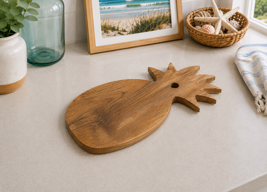 Large teak pineapple cutting board featuring a sunburst crown, laid on a kitchen counter on Tampa Home & Garden Store