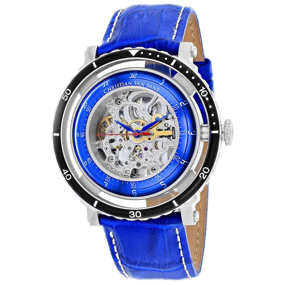 Christian Van Sant Men's Dome skeleton watch with blue leather strap and silver case on Tampa Home & Garden Store