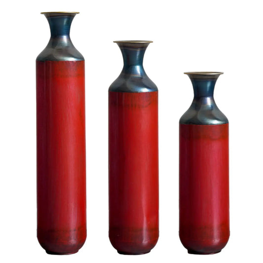 Modern Droplet Floor Vase Set, 3 red vases with blue-glazed necks and gold rims on Tampa Home & Garden Store