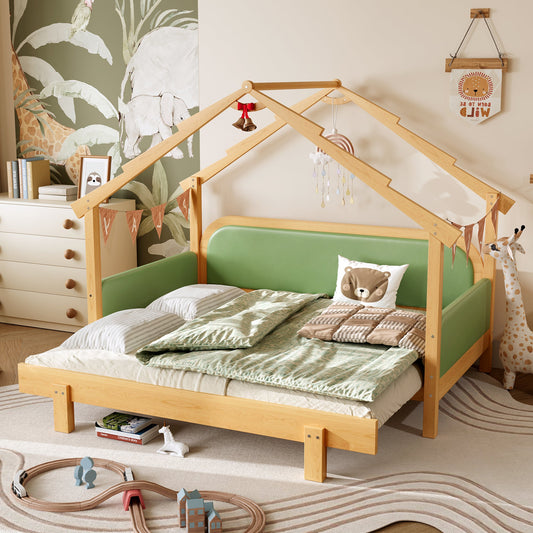 Twin Wood Treehouse Bed with Cushion Rails in natural wood and green by HouseOfZazla on Tampa Home & Garden Store