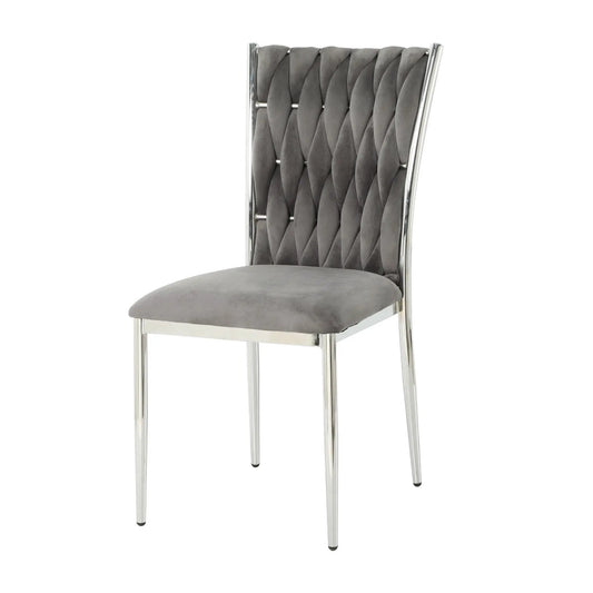 Modern dining chair with grey velvet tufted back and chrome frame on Tampa Home & Garden Store