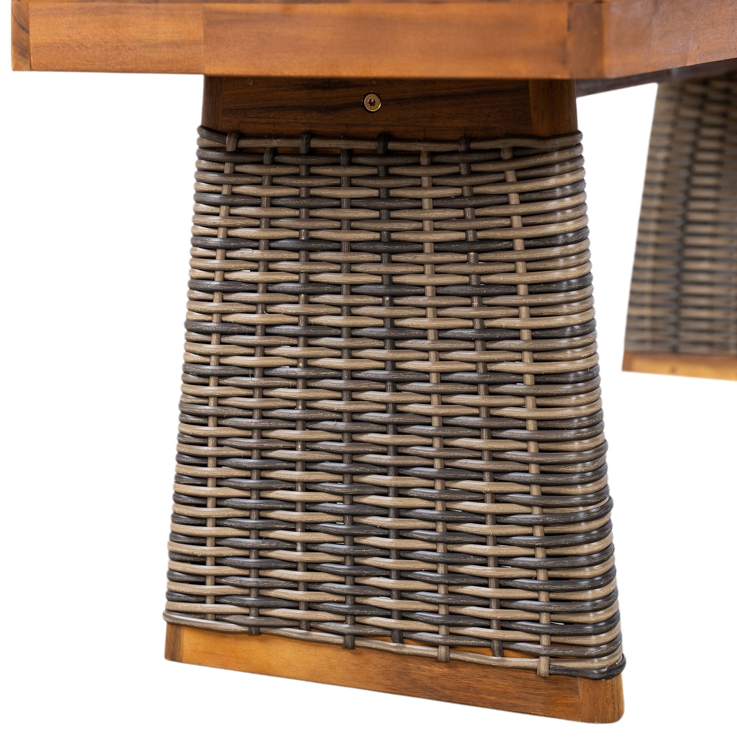 Outdoor dining set base: acacia wood frame with handwoven brown rattan pedestal on Tampa Home & Garden Store