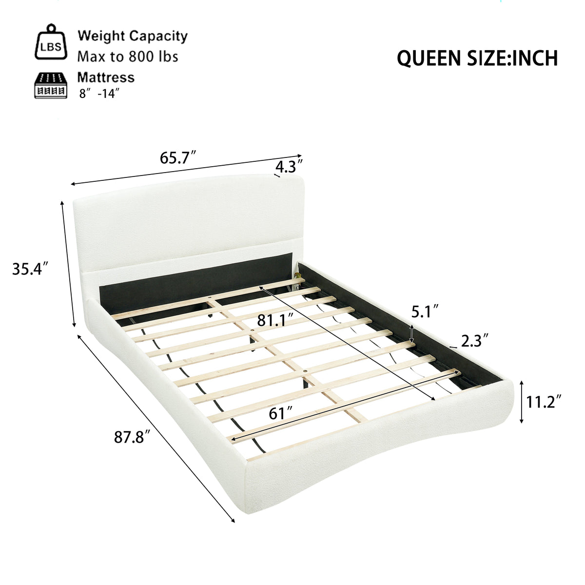 Curved cream upholstered bed frame with slatted foundation, queen size, HouseOfZazla on Tampa Home & Garden Store