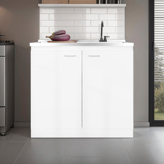 Salento cabinet with double doors and two shelves white kitchen cabinet with black faucet on Tampa Home & Garden Store