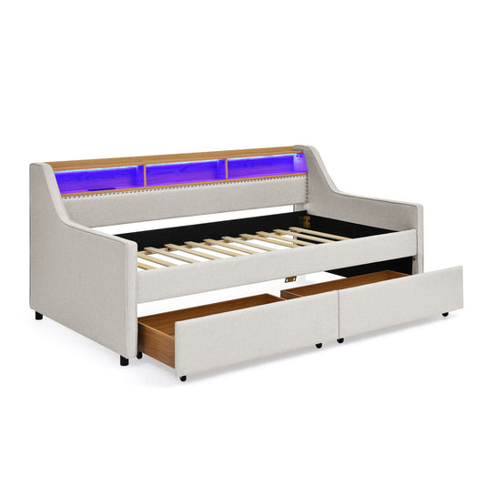 Twin beige upholstered sofa bed with LED lighting, storage drawers, wireless charging on Tampa Home & Garden Store