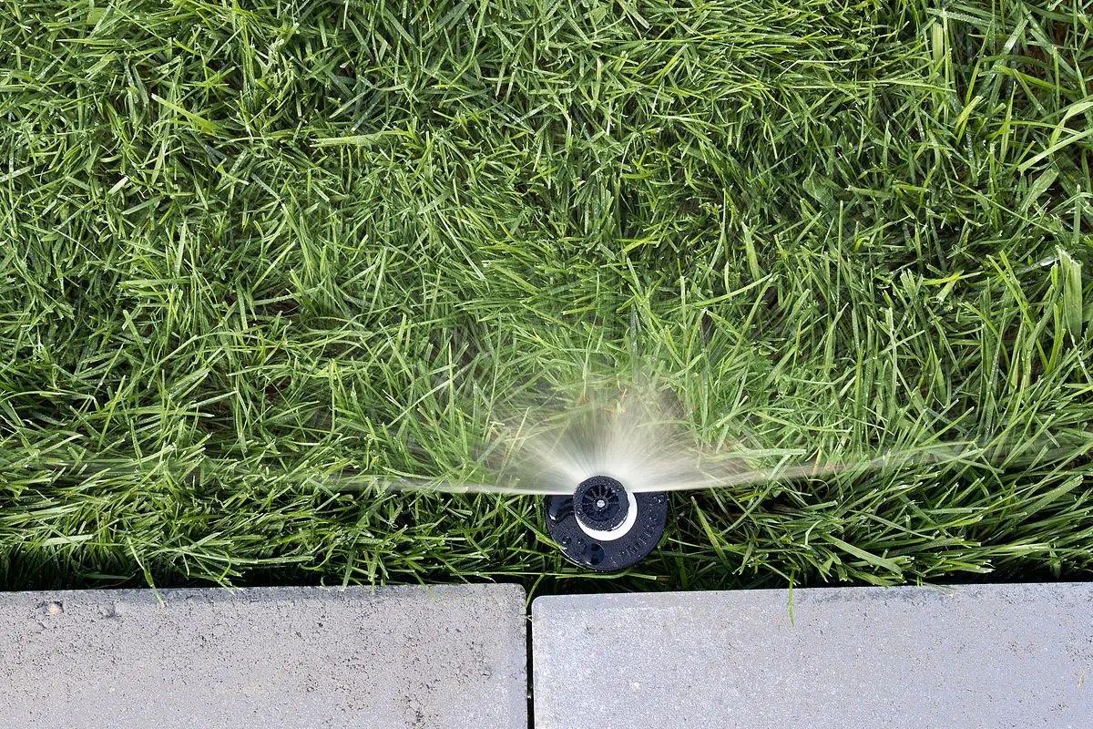 Orbit Irrigation black pressure-regulating sprinkler head spraying mist over green lawn near pavers on Tampa Home & Garden Store