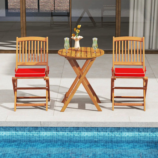 Outdoor folding chairs with red seat cushions and wooden slatted backs, duo set on Tampa Home & Garden Store