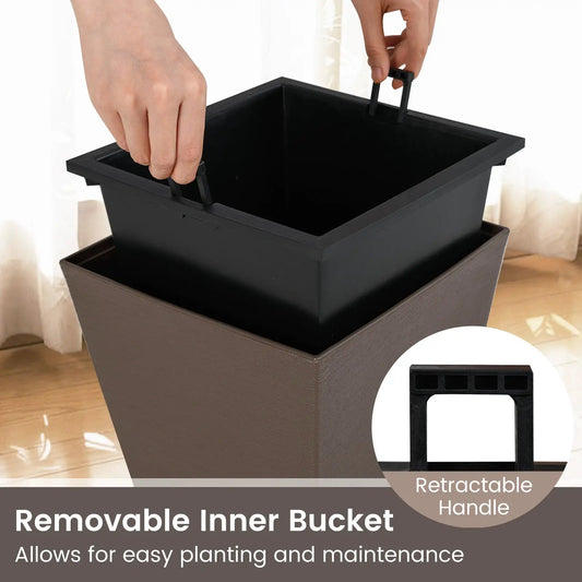 Set of 2 square taper planters with removable inner bucket and retractable handles, brown on Tampa Home & Garden Store