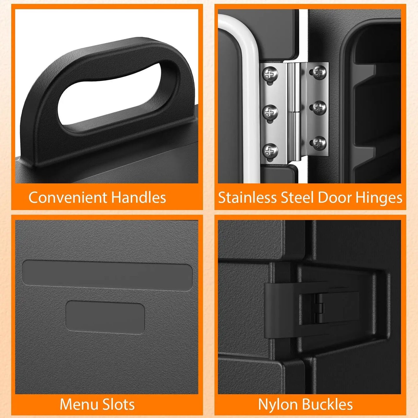 Black 81-quart insulated food pan carrier stackable with convenient handles and steel hinges on Tampa Home & Garden Store
