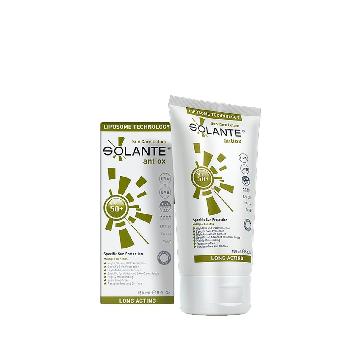 Solante antiox SPF50+ sunscreen lotion in white tube with liposome technology packaging on Tampa Home & Garden Store