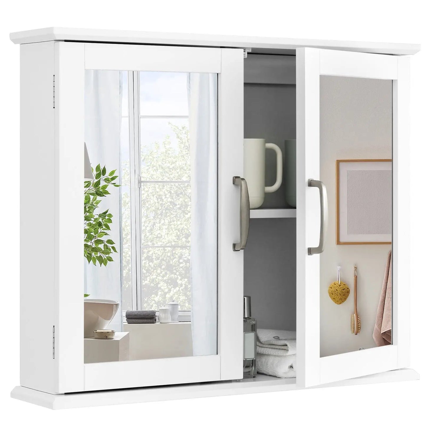 2 Tier bathroom wall-mounted mirror cabinet white frame with dual doors; mirror reflects window on Tampa Home & Garden Store