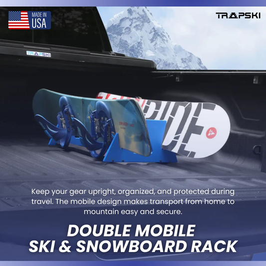2x All Mountain Ski & Standard Snowboard Rack by TRAPSKI in blue, mounted in SUV cargo area on Tampa Home & Garden Store