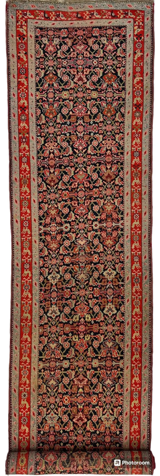 Antique Caucasian Karabakh wool on wool runner rug with black field and red border 3ft4in x17ft on Tampa Home & Garden Store