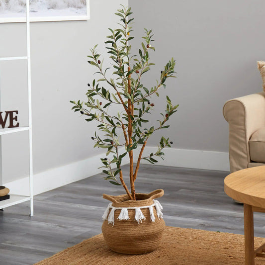 3.5 ft artificial olive tree in a jute basket with tassels; green leaves and dark olives on Tampa Home & Garden Store
