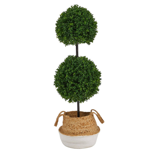 3.5’ Boxwood Double Ball Topiary Tree in Boho Chic Handmade Cotton & Jute Planter UV Resistant - Tampa Home & Garden Store