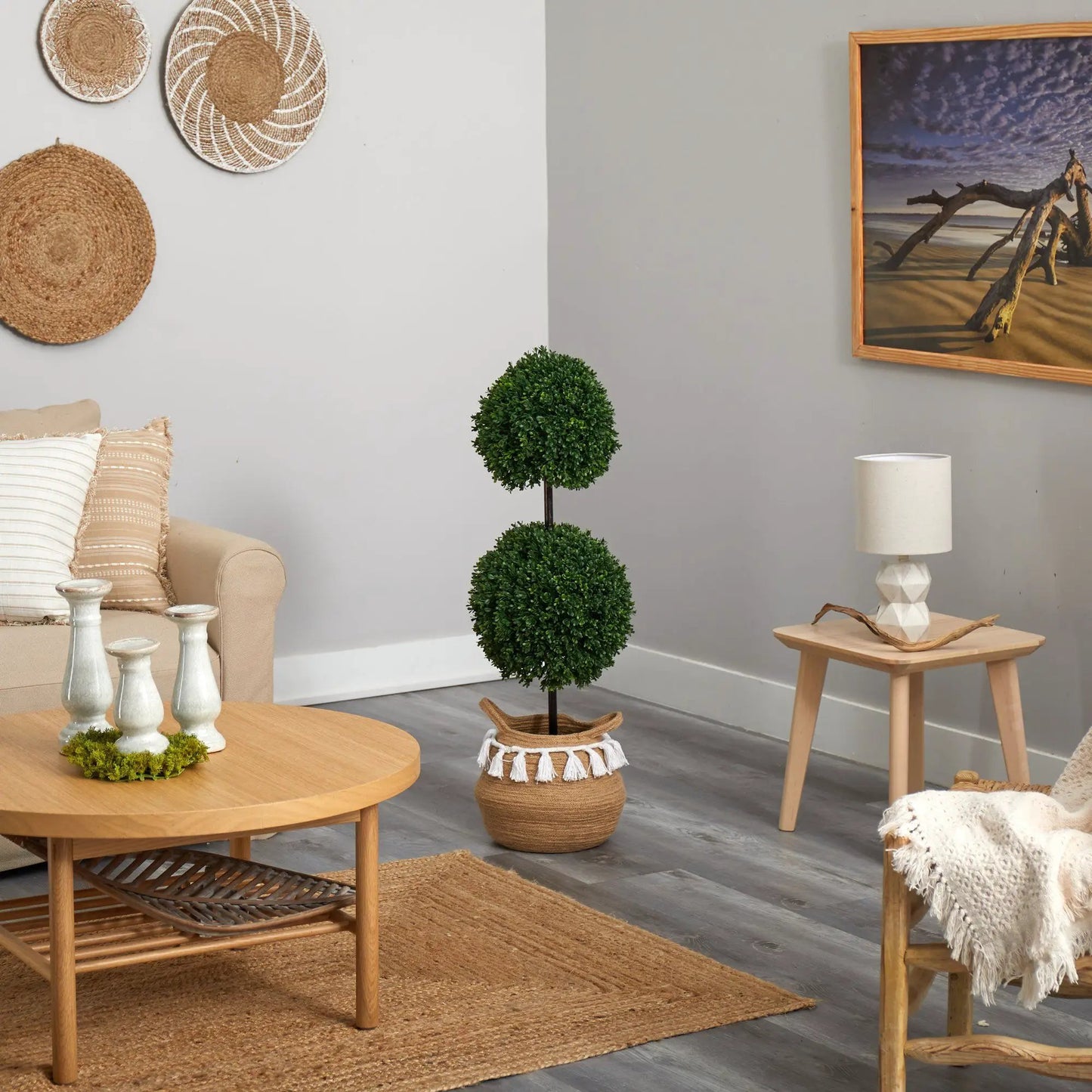 Boxwood Double Ball Topiary Tree in Boho Chic, green artificial plant in woven planter on Tampa Home & Garden Store