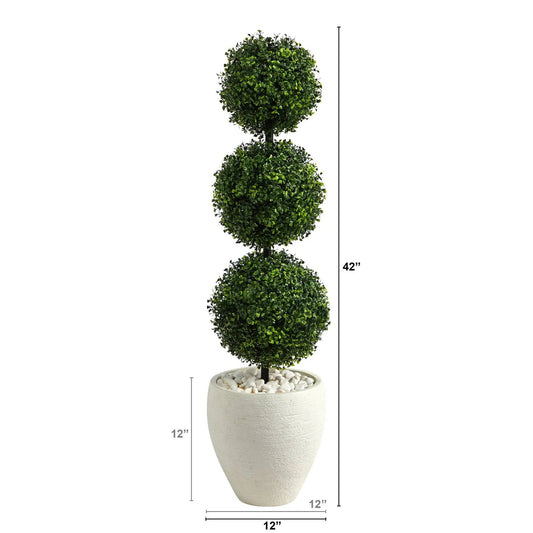 Boxwood triple-ball topiary artificial tree in a white pebbled planter, Nearly Natural on Tampa Home & Garden Store