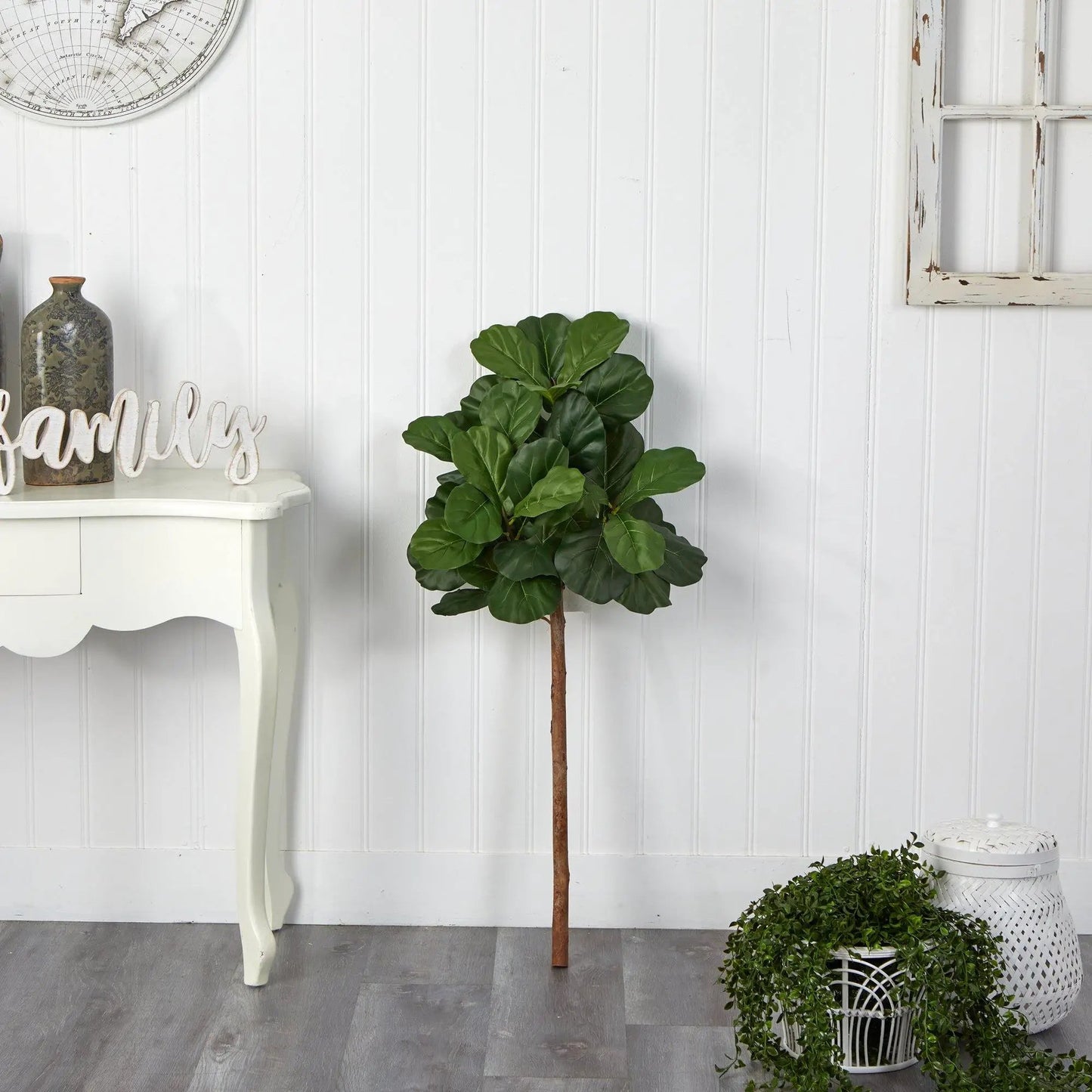 3.5 ft Fiddle Leaf Fig Tree Artificial by Nearly Natural, green leaves on brown trunk (no pot) on Tampa Home & Garden Store