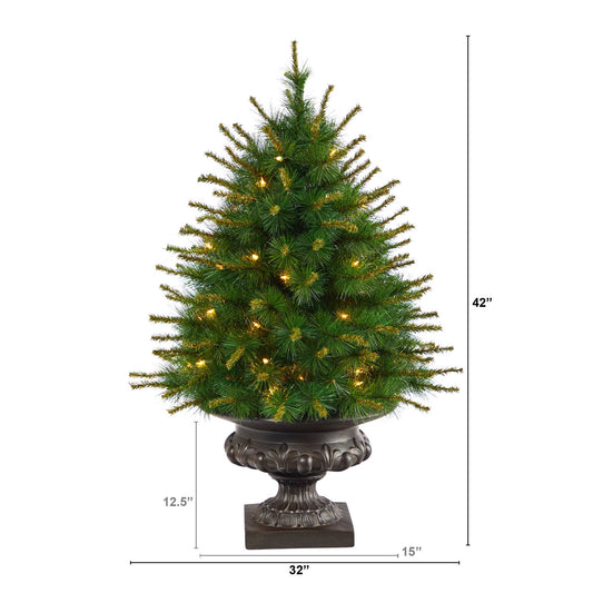 3.5’ New England Pine Artificial Christmas Tree with 50 Clear Lights and 117 Bendable Branches in Iron Colored Urn - Tampa Home & Garden Store
