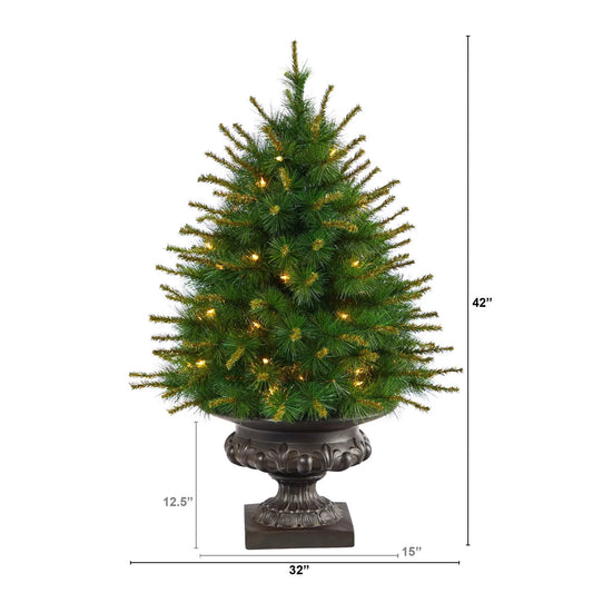 3.5 ft New England Pine Tree with Clear Lights by Nearly Natural in ornate dark urn on Tampa Home & Garden Store