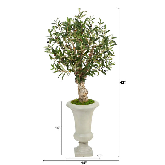 Olive artificial tree in sand urn, 3.5 ft tall with dark olives and lush green leaves on Tampa Home & Garden Store