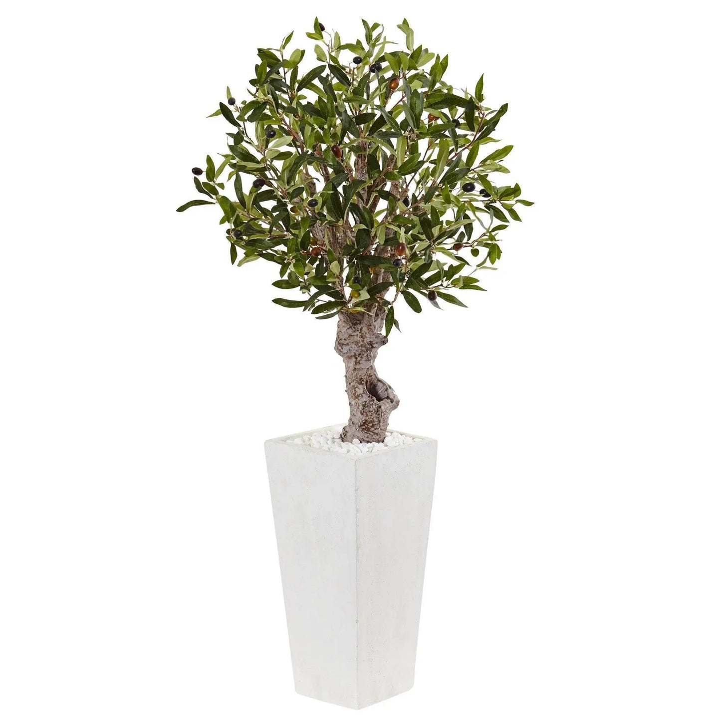 Olive tree 3.5 ft artificial in white tower planter with pebbled top on Tampa Home & Garden Store