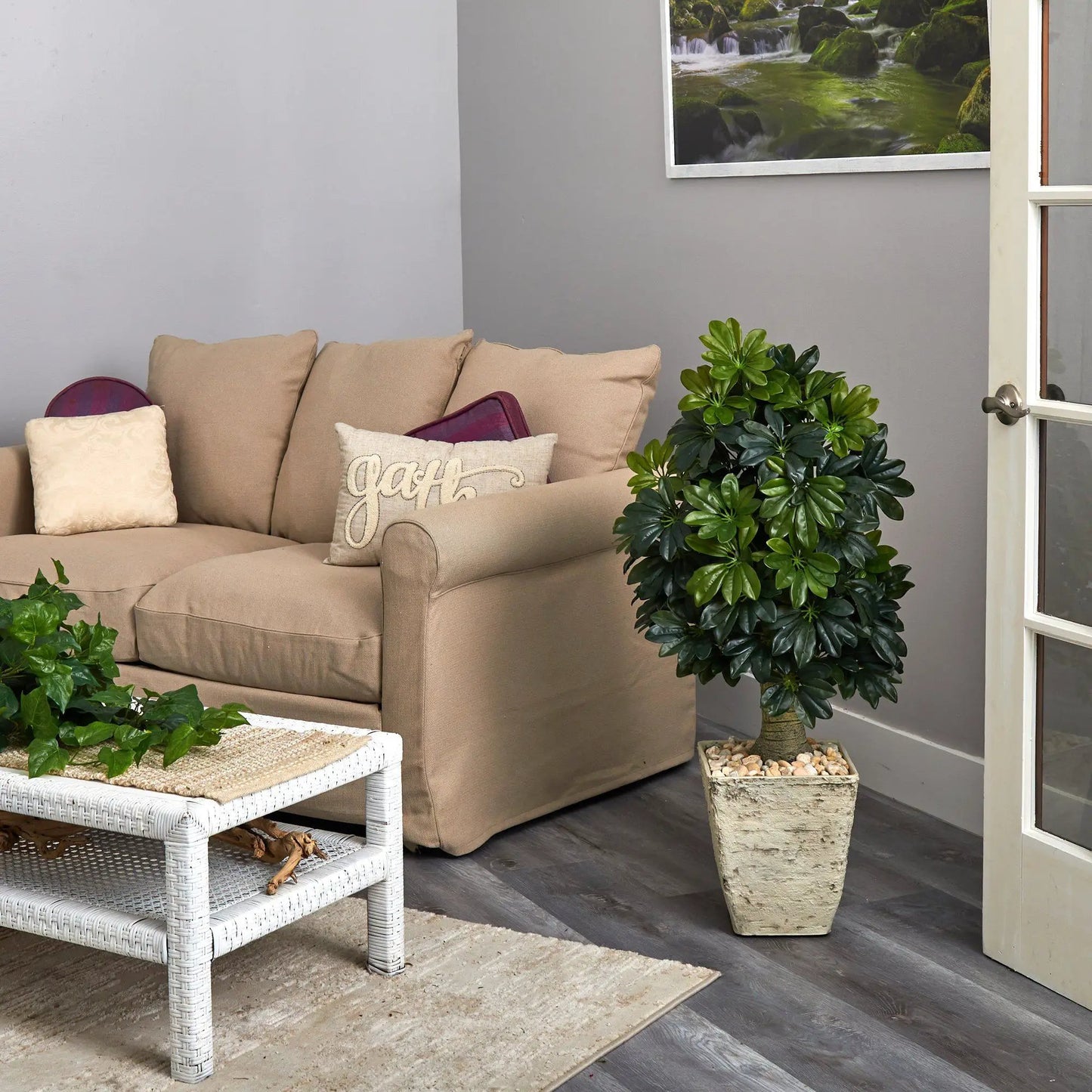 Schefflera artificial tree in white planter with glossy green leaves Nearly Natural indoor decor on Tampa Home & Garden Store