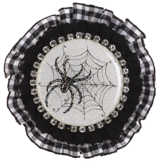 3.5-inch spider brooch with white glitter disk, black spider and web, rhinestone rim, plaid ruffle on Tampa Home & Garden Store