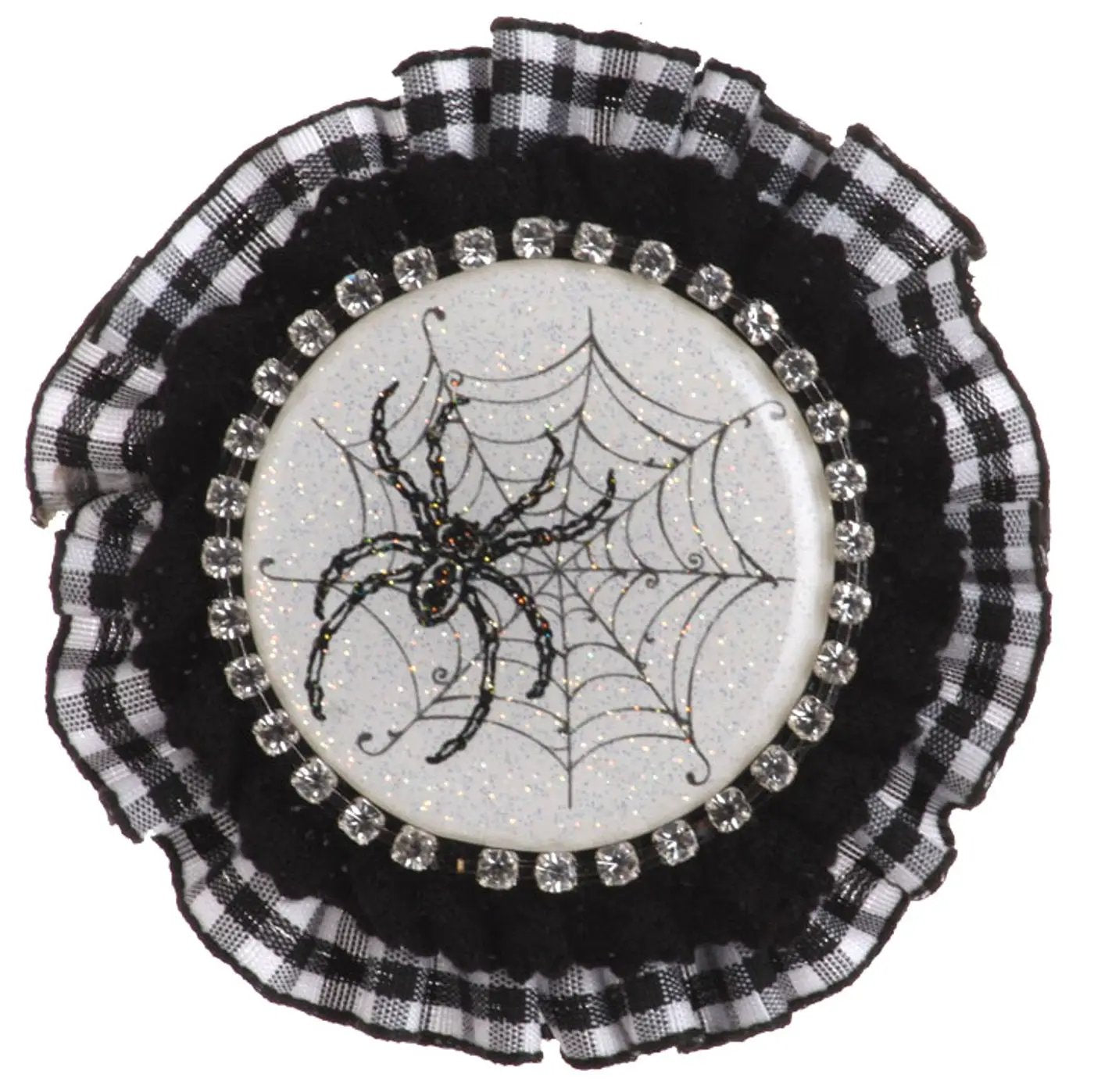 3.5-inch spider brooch with white glitter disk, black spider and web, rhinestone rim, plaid ruffle on Tampa Home & Garden Store