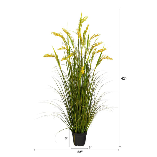 Wheat grain artificial plant 3.5 ft tall with yellow seed heads and green blades in a black pot on Tampa Home & Garden Store
