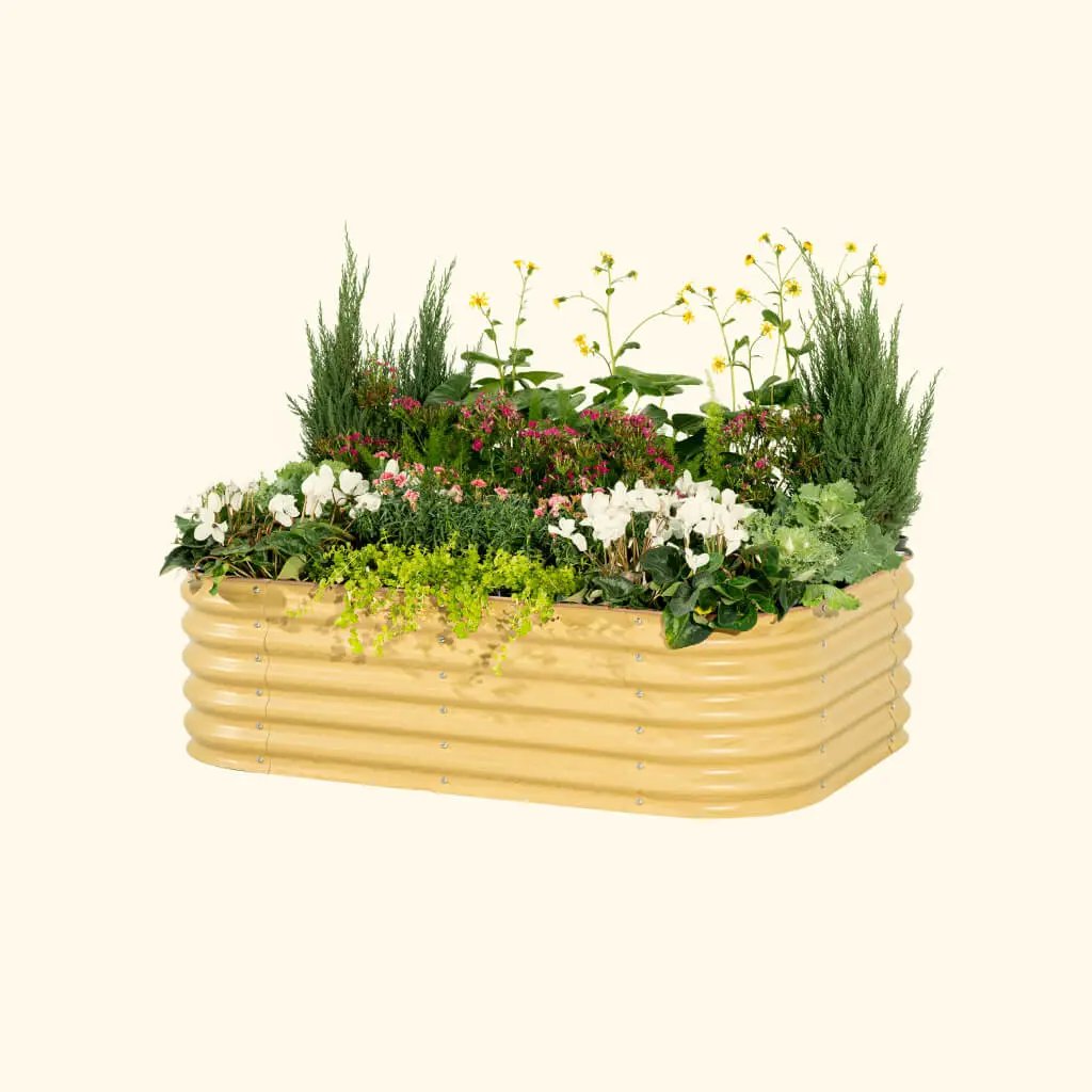 3.5x6.5 raised garden bed installation kit, 17in tall, tan ribbed metal planter with greens on Tampa Home & Garden Store